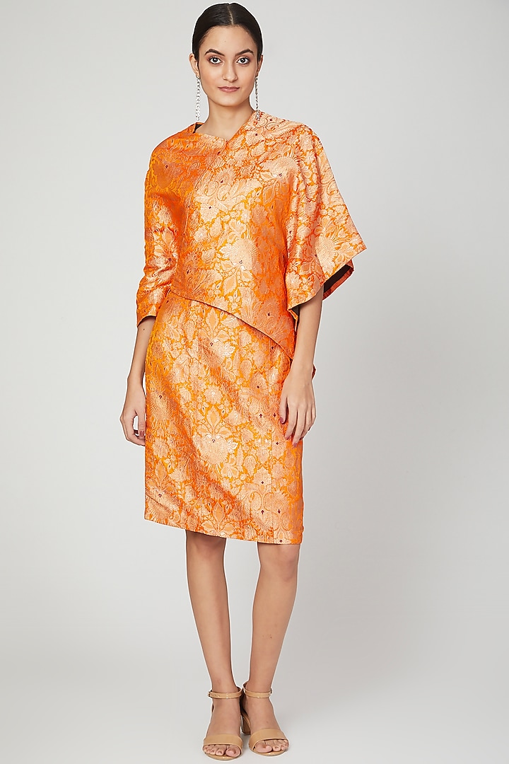 Orange Brocade Top With Skirt Dress by Megha Garg