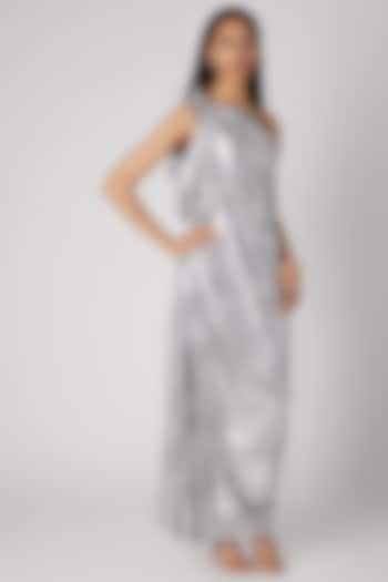 Silver Printed Draped Off Shoulder Gown by Megha Garg