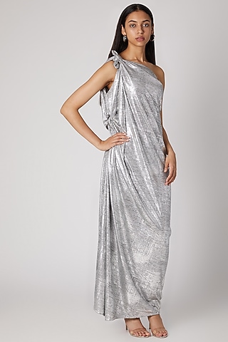 Silver Printed Draped Off Shoulder Gown by Megha Garg