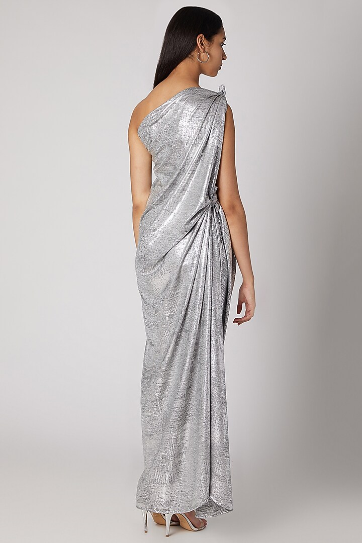 Silver Printed Draped Off Shoulder Gown by Megha Garg at Pernia's Pop Up Shop