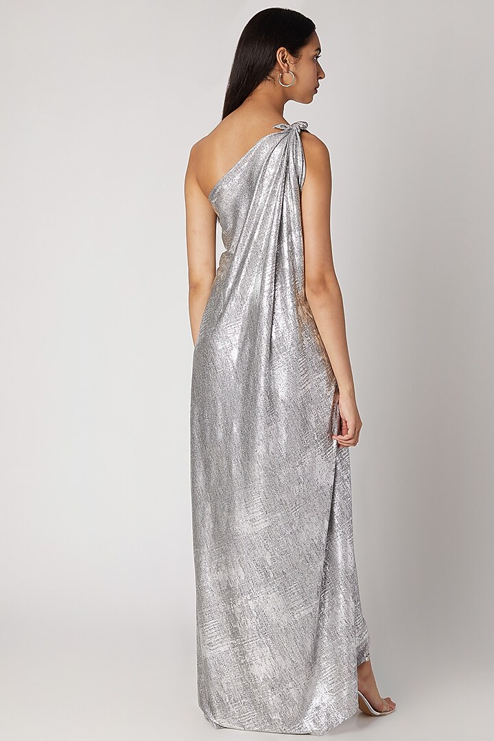 Silver Printed Draped Gown by Megha Garg at Pernia's Pop Up Shop
