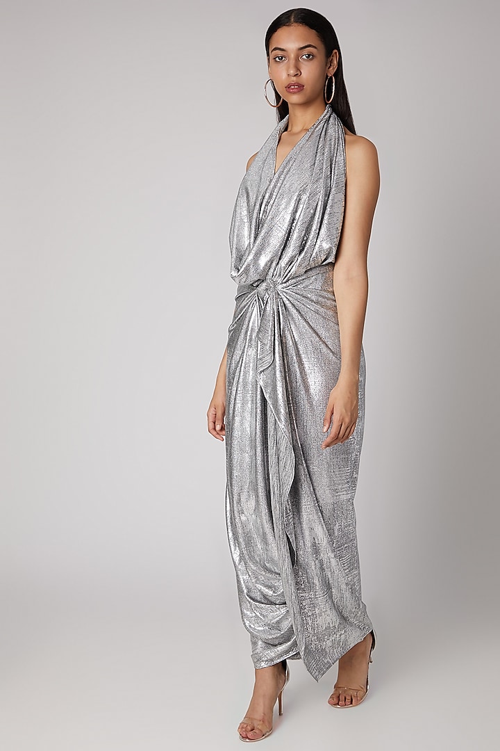 Silver Cowl Neck Draped Gown by Megha Garg