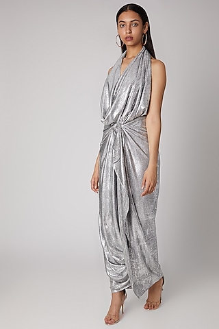 Silver Cowl Neck Draped Gown by Megha Garg