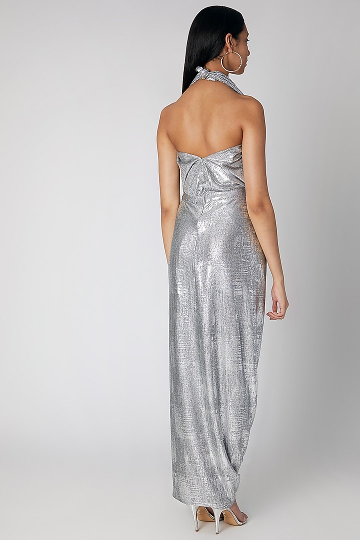 Silver Cowl Neck Draped Gown by Megha Garg at Pernia's Pop Up Shop