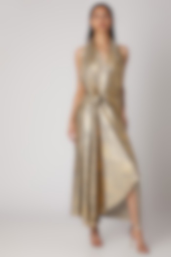 Gold Printed Draped Gown by Megha Garg at Pernia's Pop Up Shop