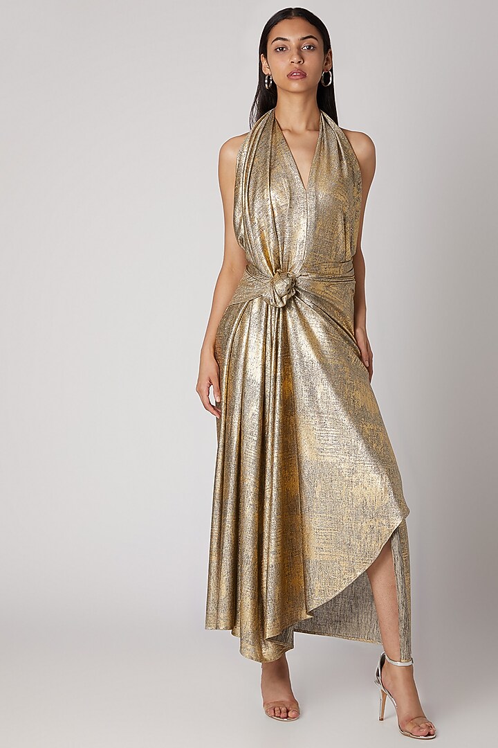 Gold Printed Draped Gown by Megha Garg at Pernia's Pop Up Shop