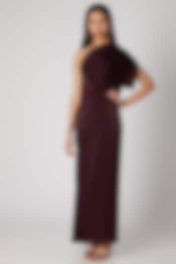Wine Off Shoulder Draped Gown by Megha Garg