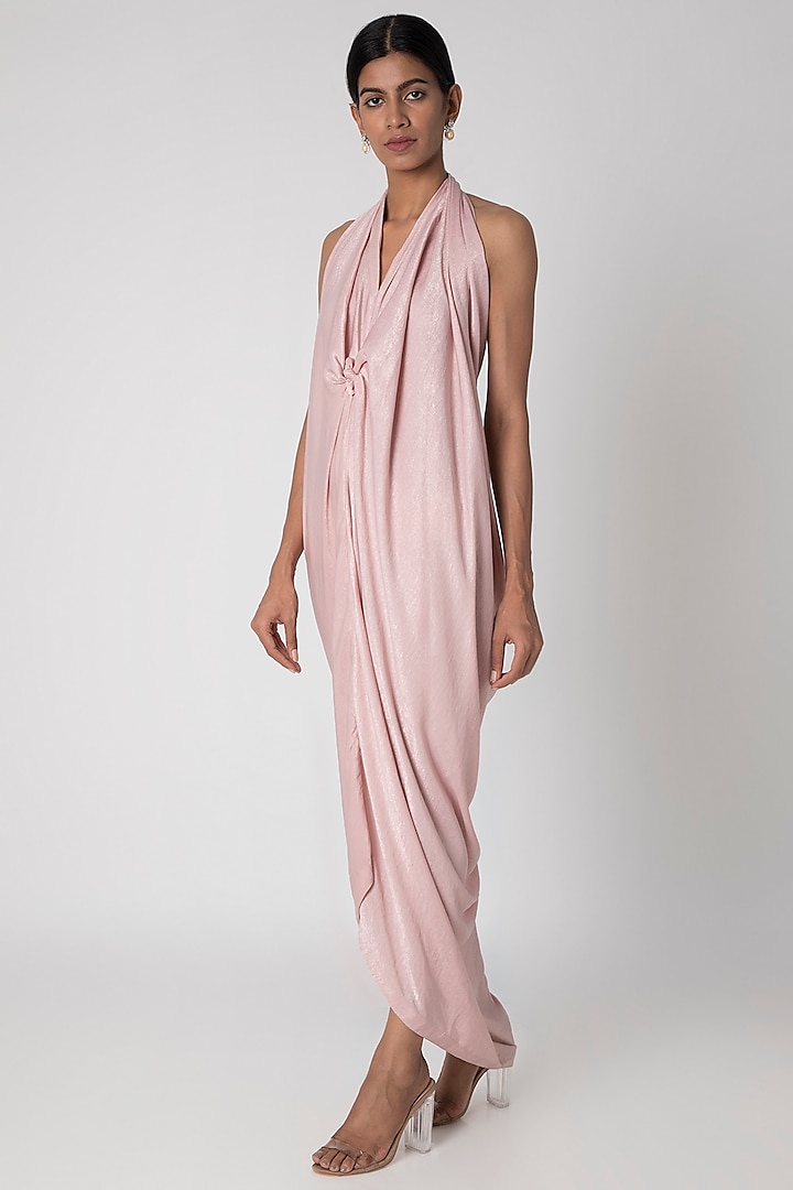 Baby Pink V-Neck Draped Gown by Megha Garg