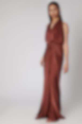 Rust Knotted Draped Gown by Megha Garg