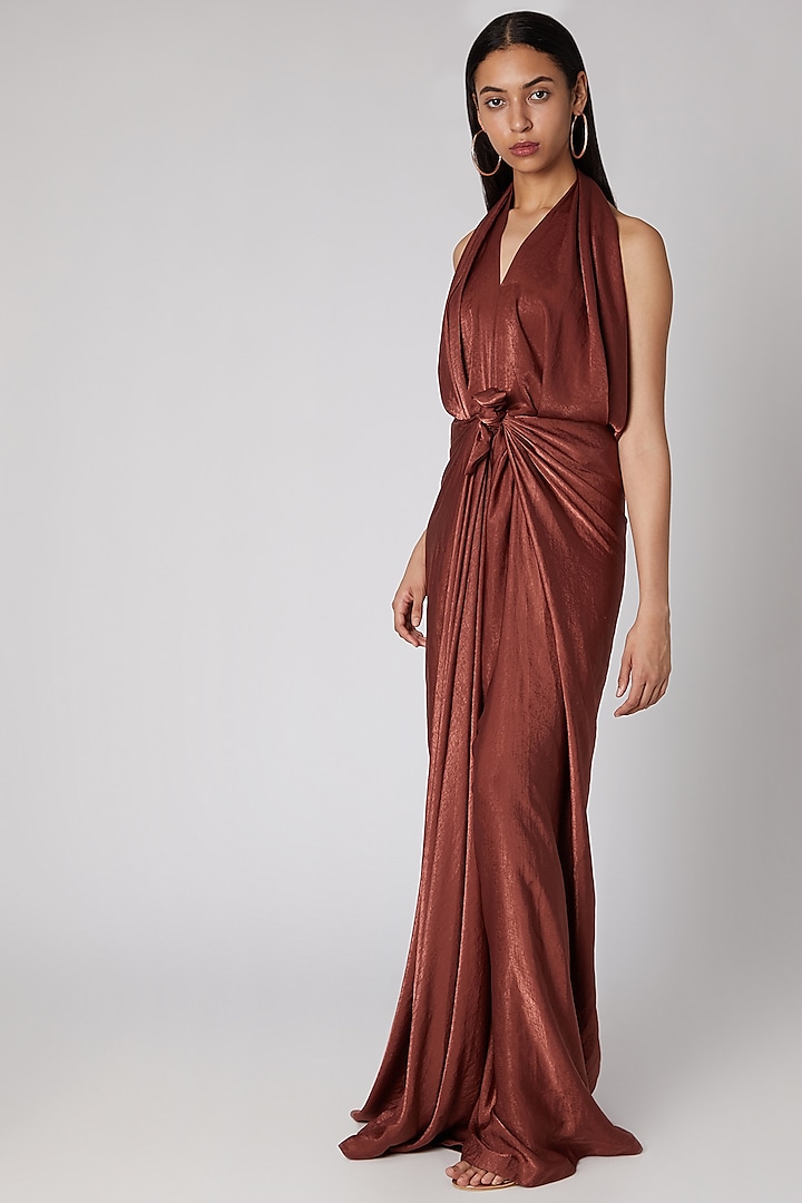 Rust Knotted Draped Gown by Megha Garg