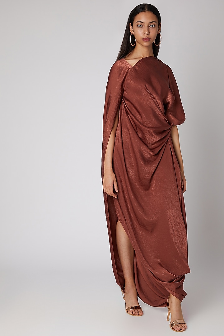 Rust Draped Gown With Cape Sleeves by Megha Garg