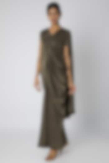 Dark Olive Green Draped Satin Gown by Megha Garg