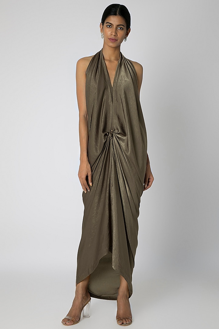 Grey Draped Knotted Gown by Megha Garg