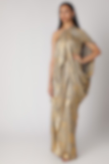 Golden Draped Off Shoulder Gown by Megha Garg at Pernia's Pop Up Shop