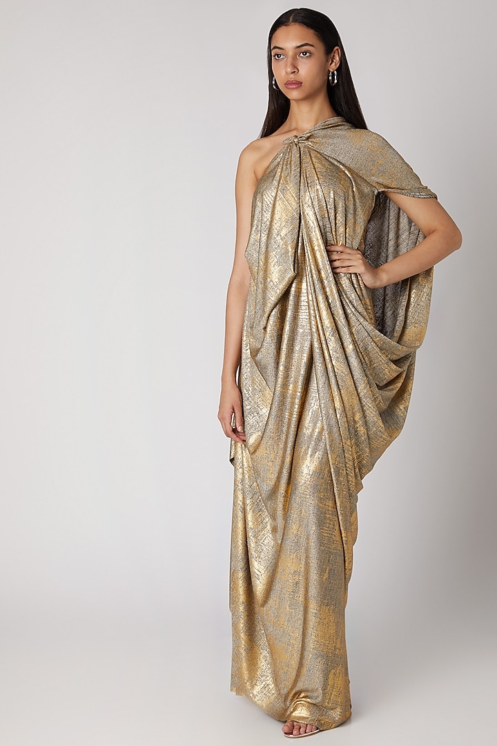 Golden Draped Off Shoulder Gown by Megha Garg