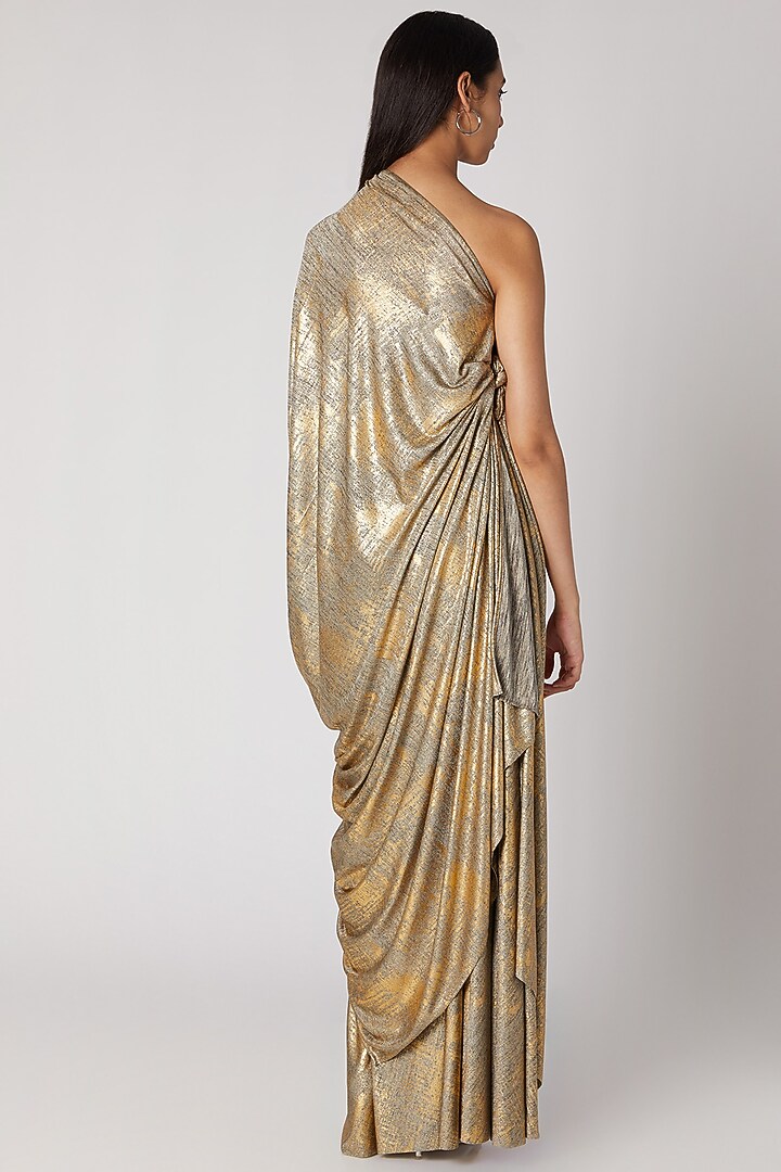 Golden Draped Off Shoulder Gown by Megha Garg at Pernia's Pop Up Shop