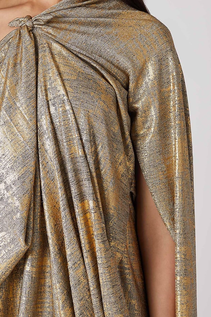 Golden Draped Off Shoulder Gown by Megha Garg at Pernia's Pop Up Shop