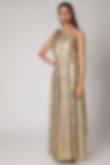 Golden Foil Printed Draped Gown by Megha Garg