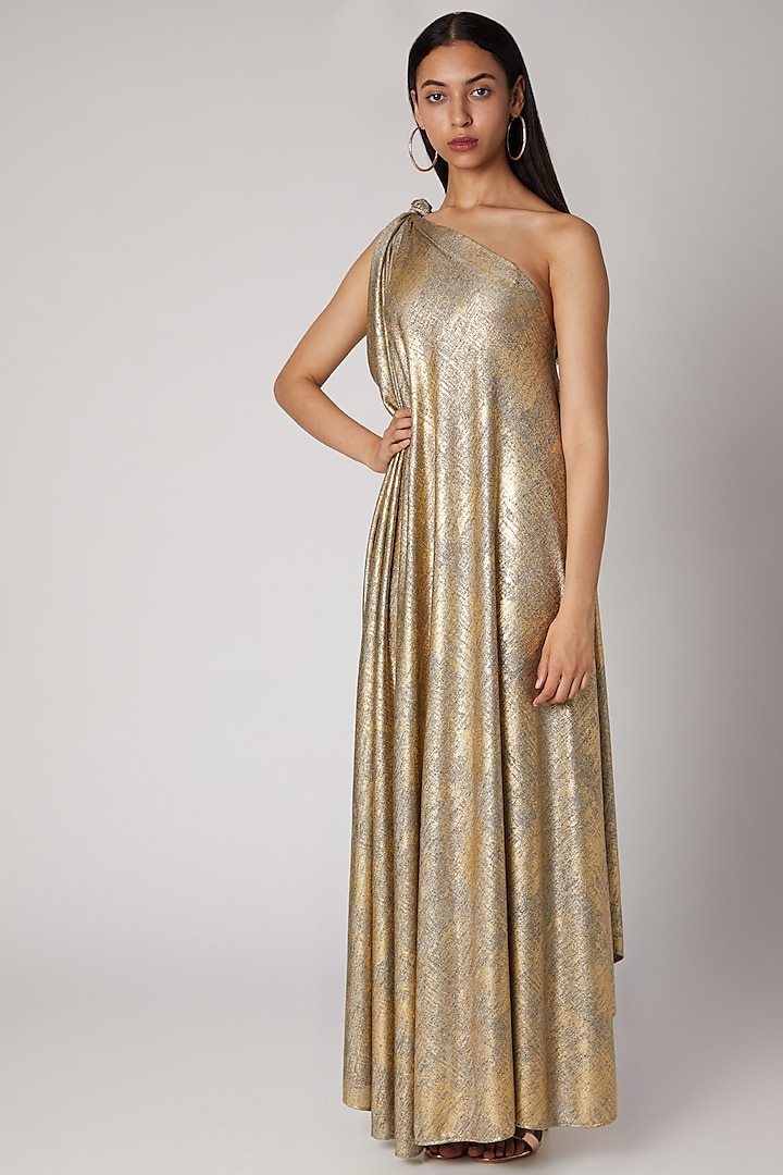 Golden Foil Printed Draped Gown by Megha Garg