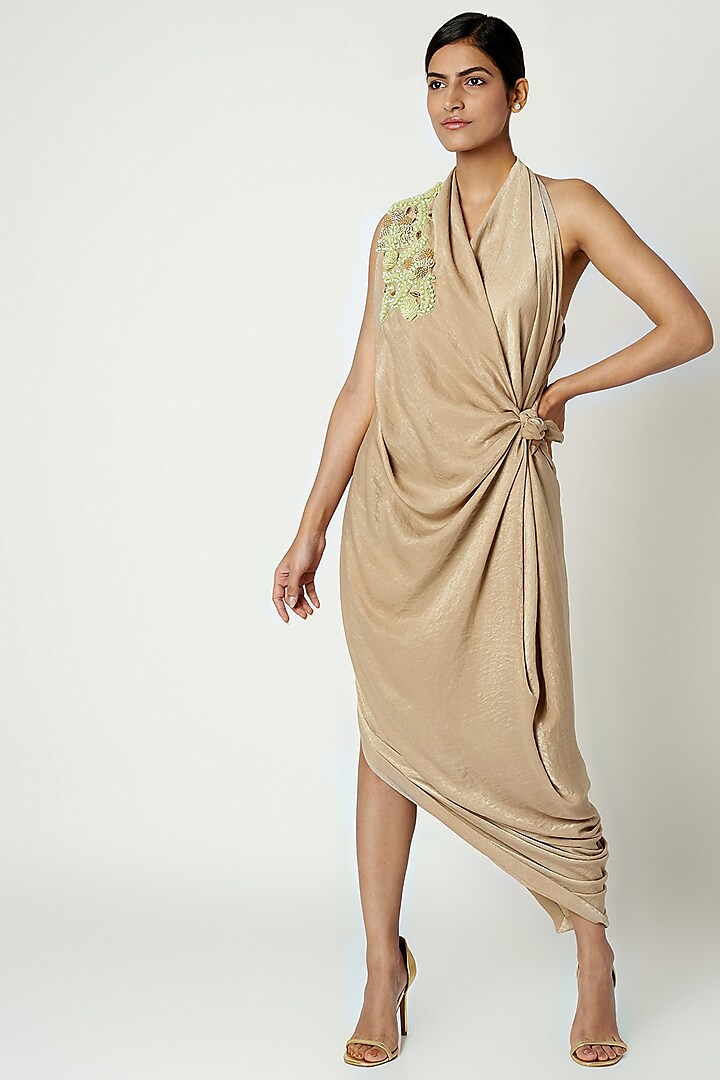 Beige Embroidered Knotted Gown by Megha Garg
