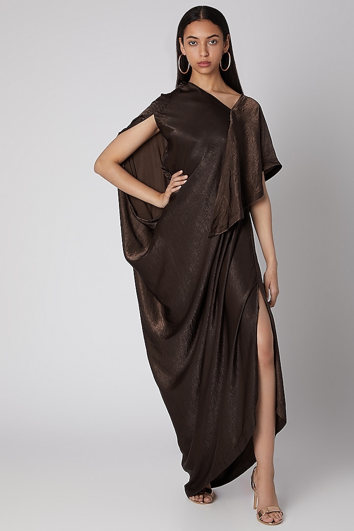 Deep Brown Draped Gown by Megha Garg