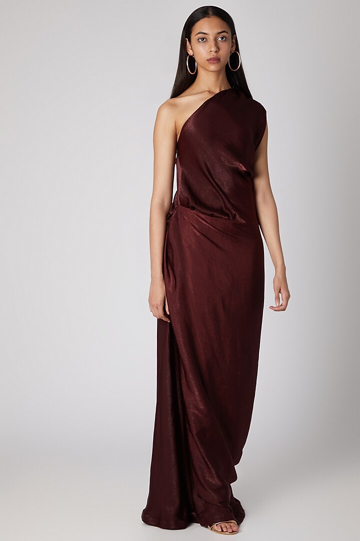 Wine Draped Off Shoulder Gown by Megha Garg