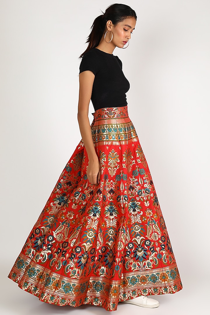 Red Brocade Lehenga With Floral Motifs by Megha Garg