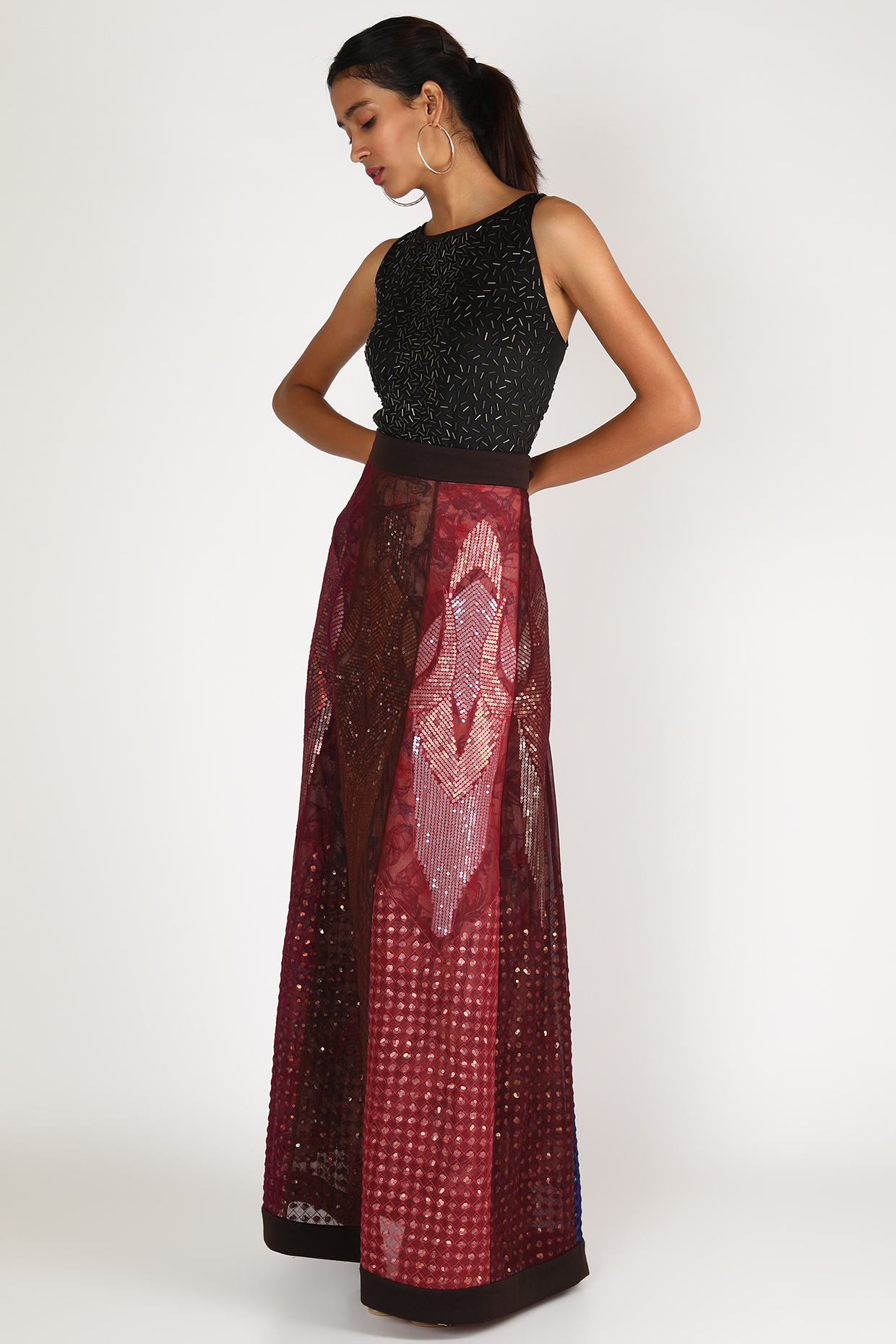Maroon Sequins Panelled Wedding Lehenga by Megha Garg at Pernia's Pop Up Shop