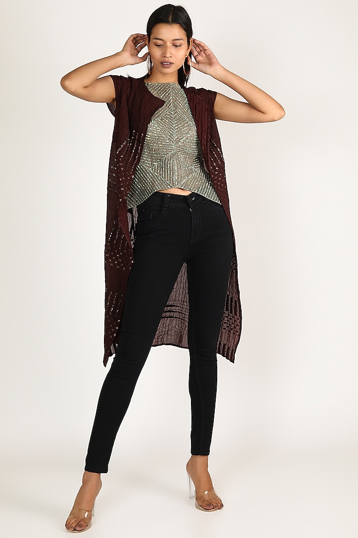 Brown Quilted Sequins Jacket by Megha Garg