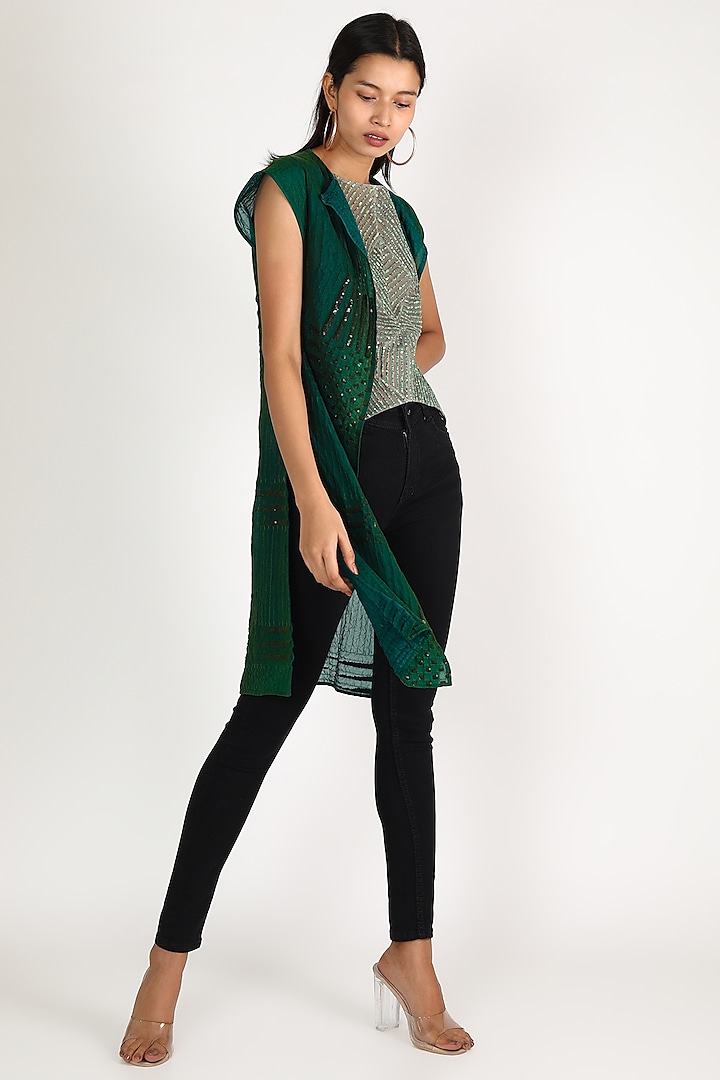 Emerald Green Quilted Sequins Jacket by Megha Garg