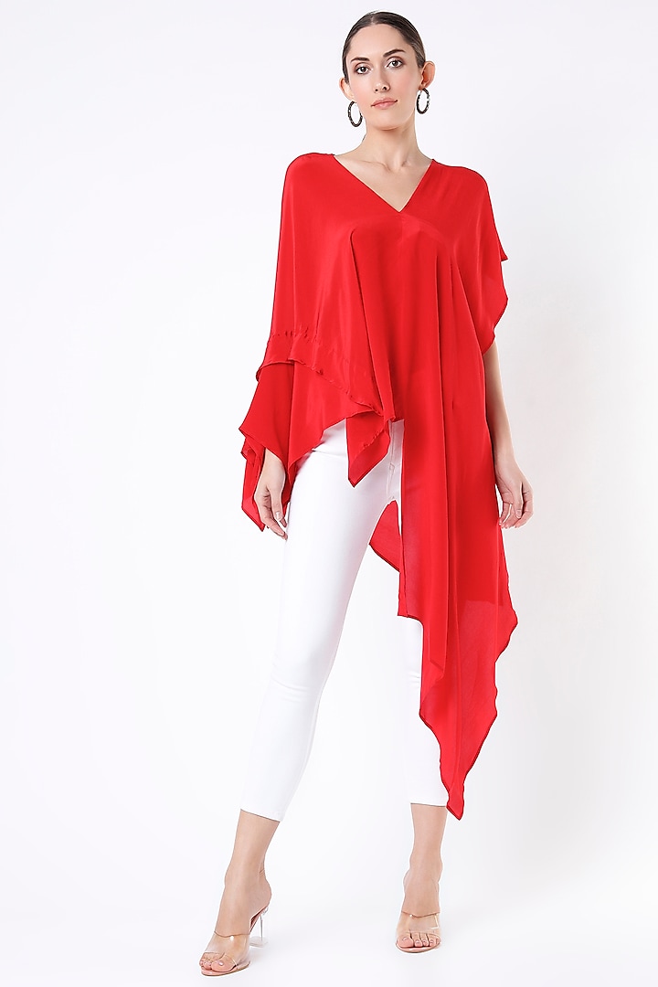 Bright Red Pure Crepe Draped Top by Megha Garg