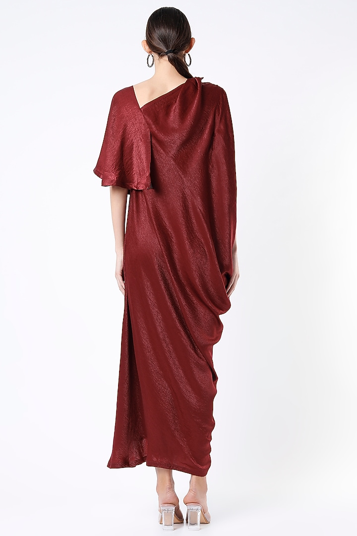 Maroon Sandwash Satin Draped Vacation Dress by Megha Garg at Pernia's Pop Up Shop