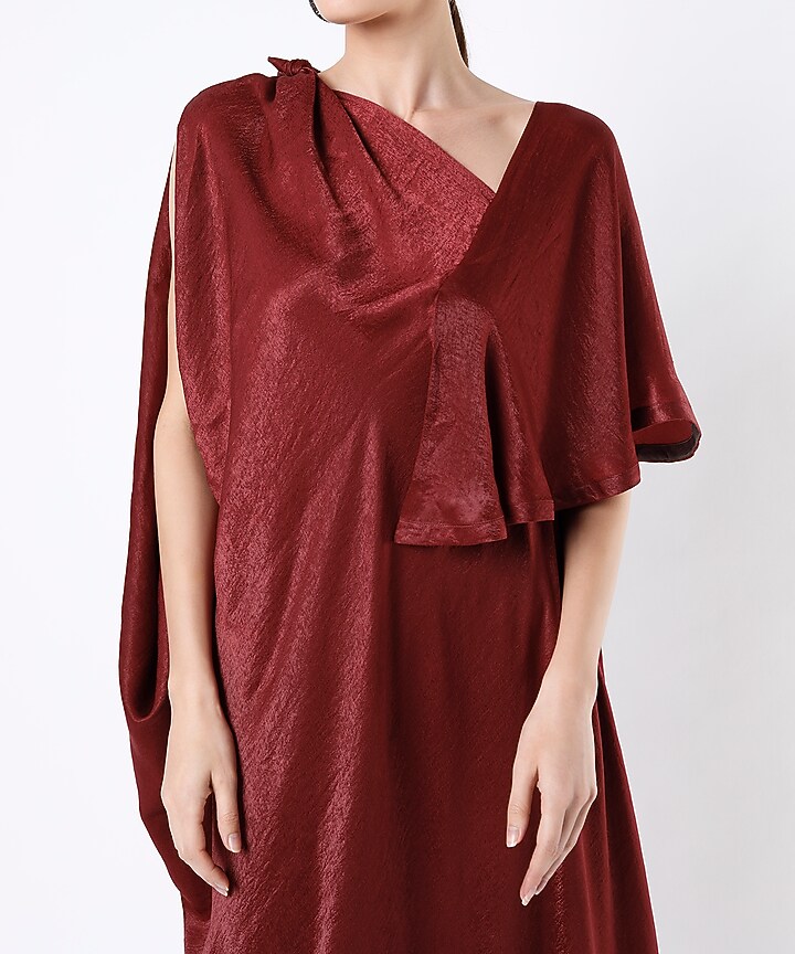 Maroon Sandwash Satin Draped Vacation Dress by Megha Garg at Pernia's Pop Up Shop