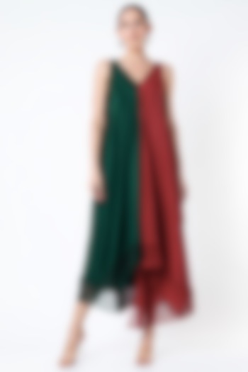 Cadmium Red & Olive Green Pure Crepe Draped Dress by Megha Garg