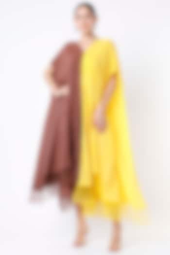 Yellow & Brown Pure Crepe Kaftan Style Dress by Megha Garg