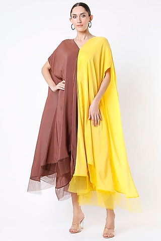 Yellow & Brown Pure Crepe Kaftan Style Dress by Megha Garg