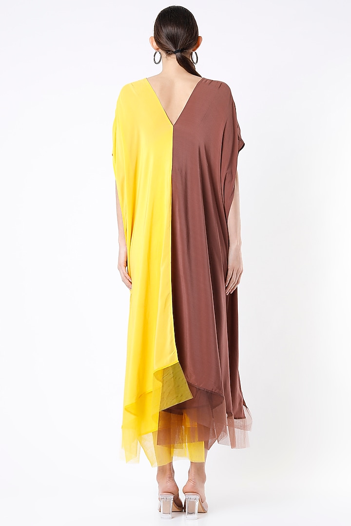 Yellow & Brown Pure Crepe Kaftan Style Vacation Dress by Megha Garg at Pernia's Pop Up Shop
