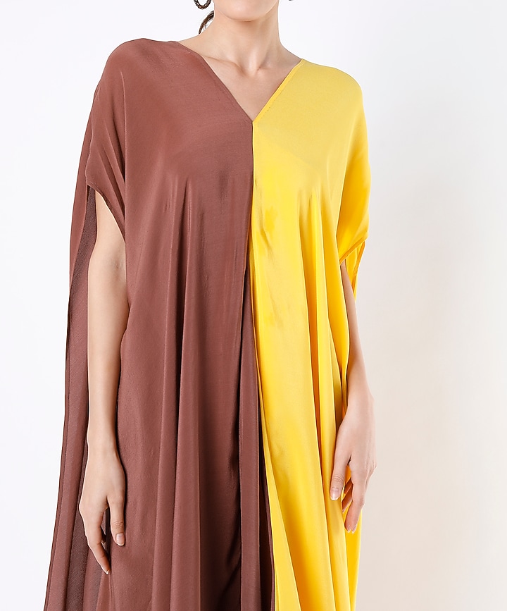 Yellow & Brown Pure Crepe Kaftan Style Vacation Dress by Megha Garg at Pernia's Pop Up Shop