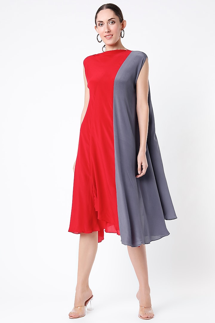 Cadmium Red & Grey Pure Crepe Vacation Dress by Megha Garg at Pernia's Pop Up Shop