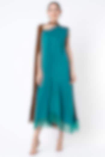 Turquoise & Brown Draped Dress by Megha Garg