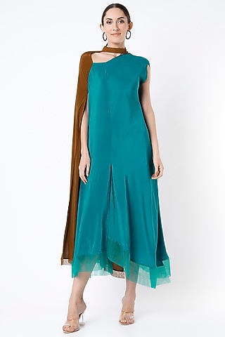 Turquoise & Brown Draped Dress by Megha Garg