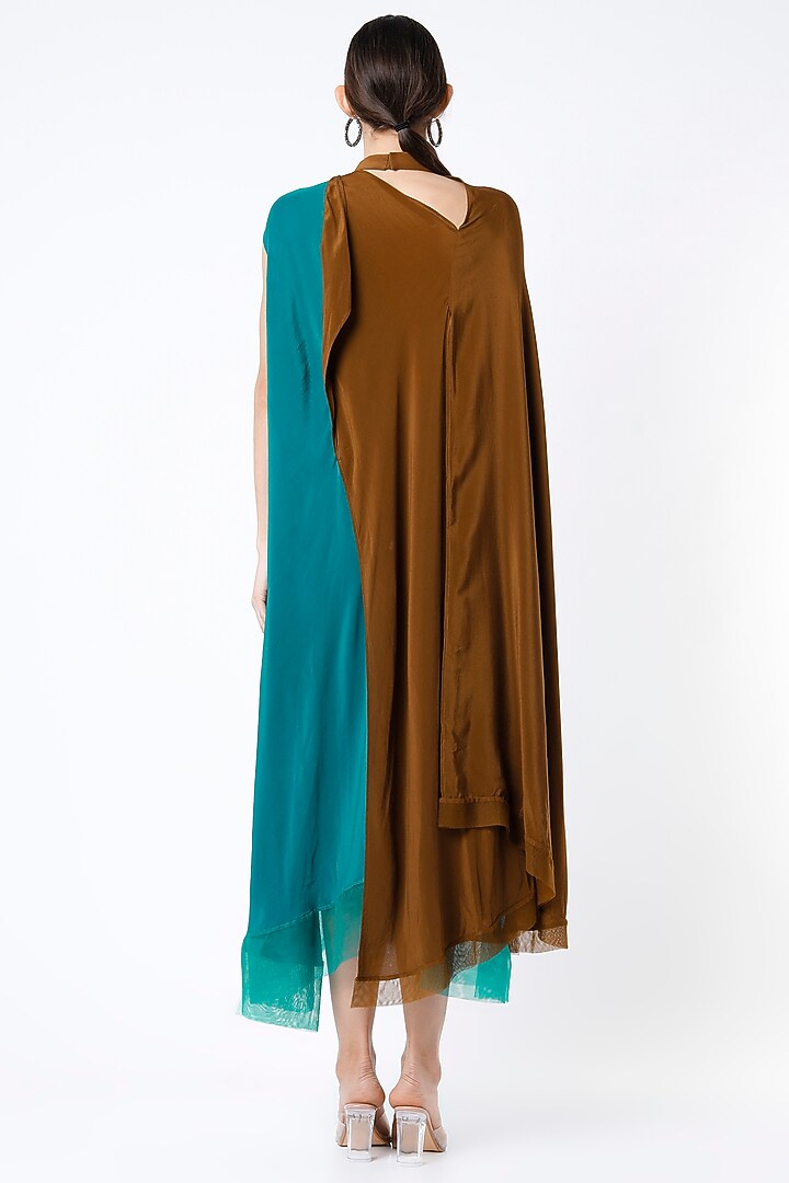 Turquoise & Brown Draped Vacation Dress by Megha Garg at Pernia's Pop Up Shop