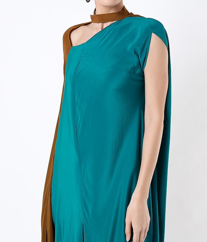 Turquoise & Brown Draped Vacation Dress by Megha Garg at Pernia's Pop Up Shop