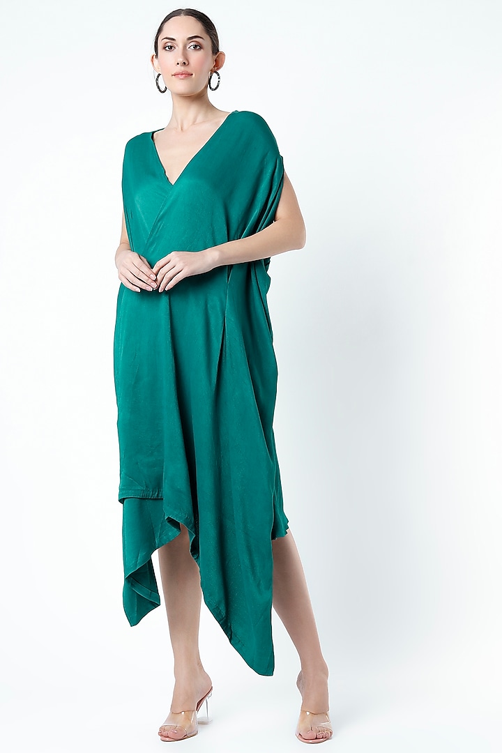 Turquoise Pure Crepe Draped Dress by Megha Garg