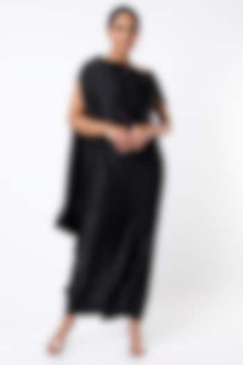 Black Sandwash Satin Off-Shoulder Draped Dress by Megha Garg