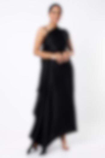 Black Sandwash Satin One-Shoulder Draped Dress by Megha Garg