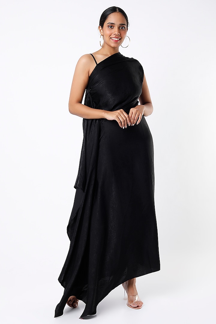 Black Sandwash Satin One-Shoulder Draped Dress by Megha Garg