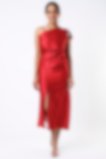 Red Pure Satin Vacation Dress by Megha Garg at Pernia's Pop Up Shop
