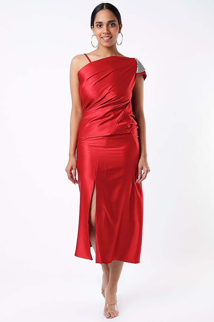 Red Pure Satin Vacation Dress by Megha Garg at Pernia's Pop Up Shop