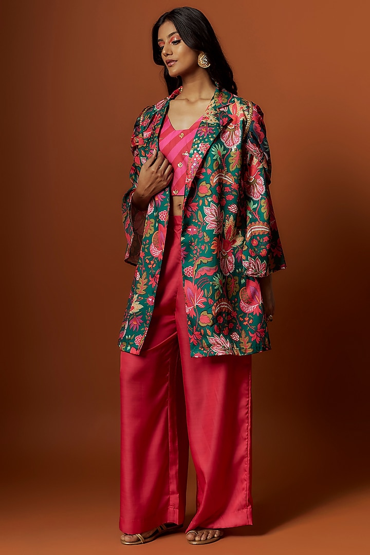 Green Slub Linen Satin Floral Printed & Hand Embroidered Jacket Set by Meghna Shah